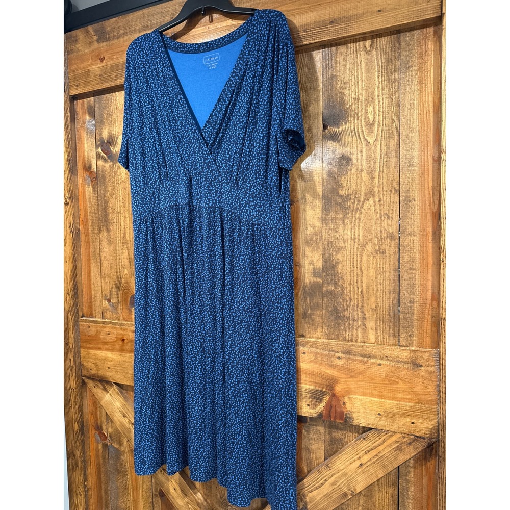 LL Bean Womens 2X Blue Ditsy Floral V-Neck Faux Wrap Midi Dress Short Sleeve - Picture 3 of 5